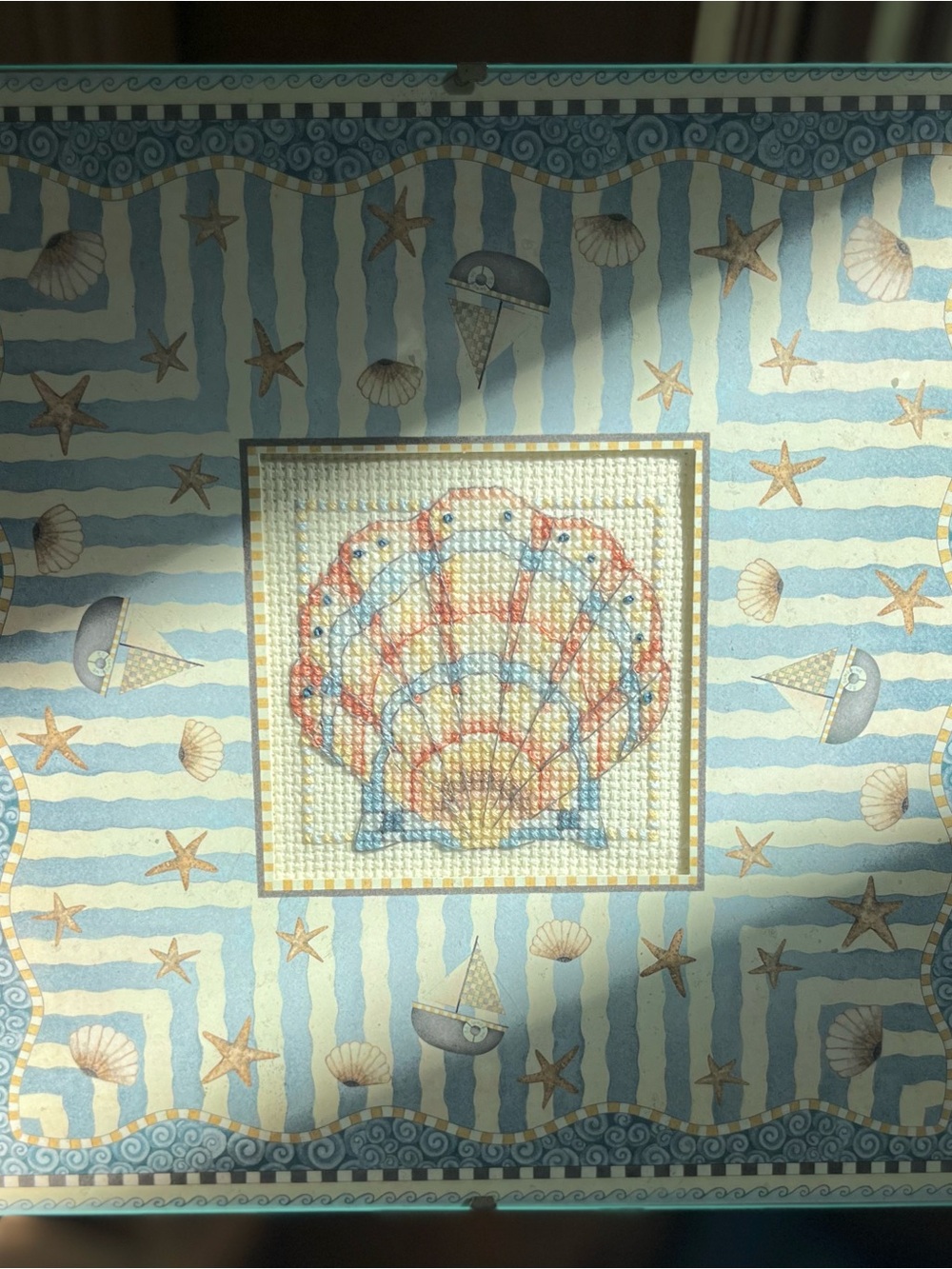 Coastal Seashell Cross-Stitch Wall Art in Blue, Cream, and Peach